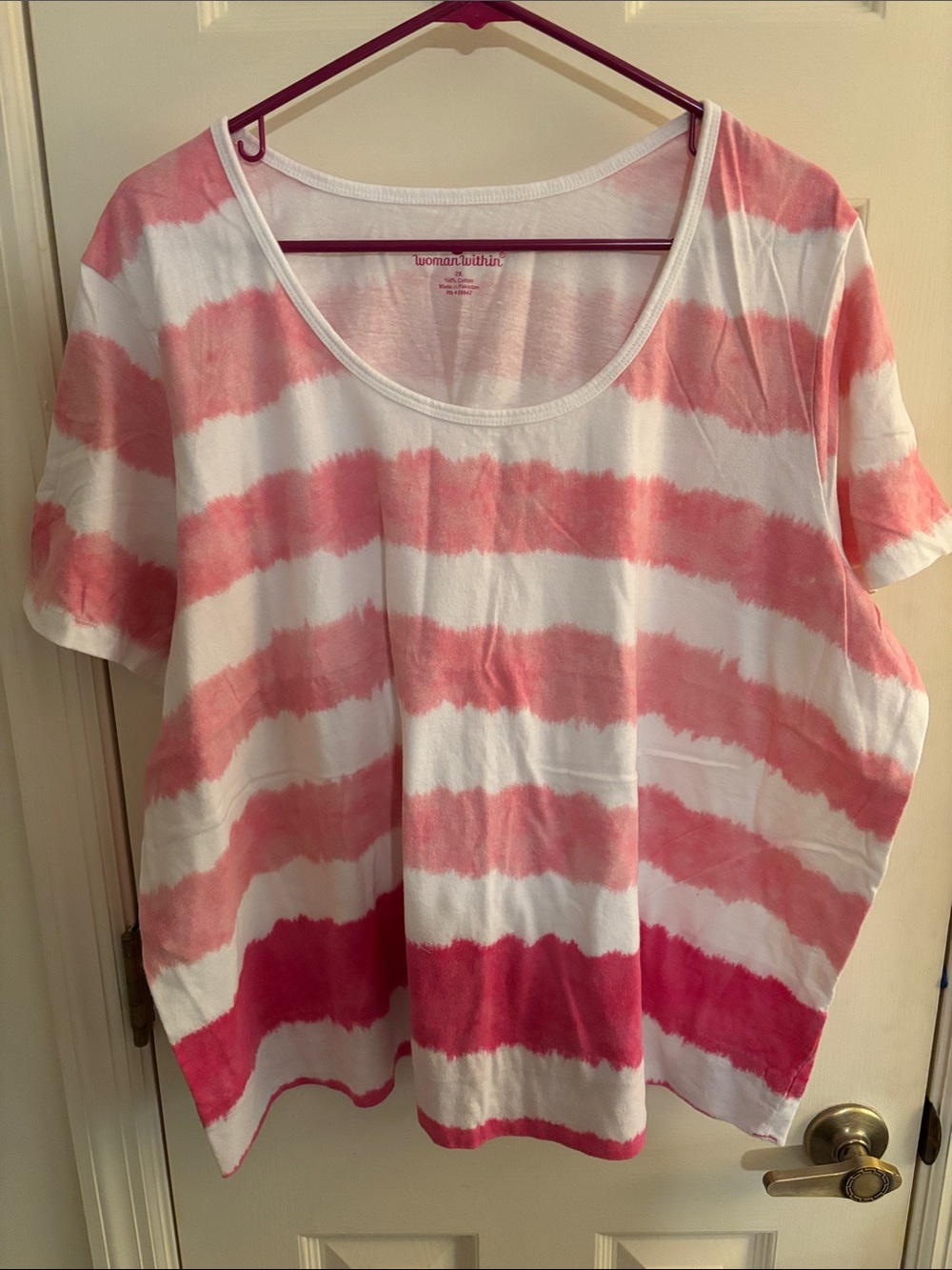 Woman Within Pink & White Striped Scoop Neck Short Sleeve Top - Ombre Stripes